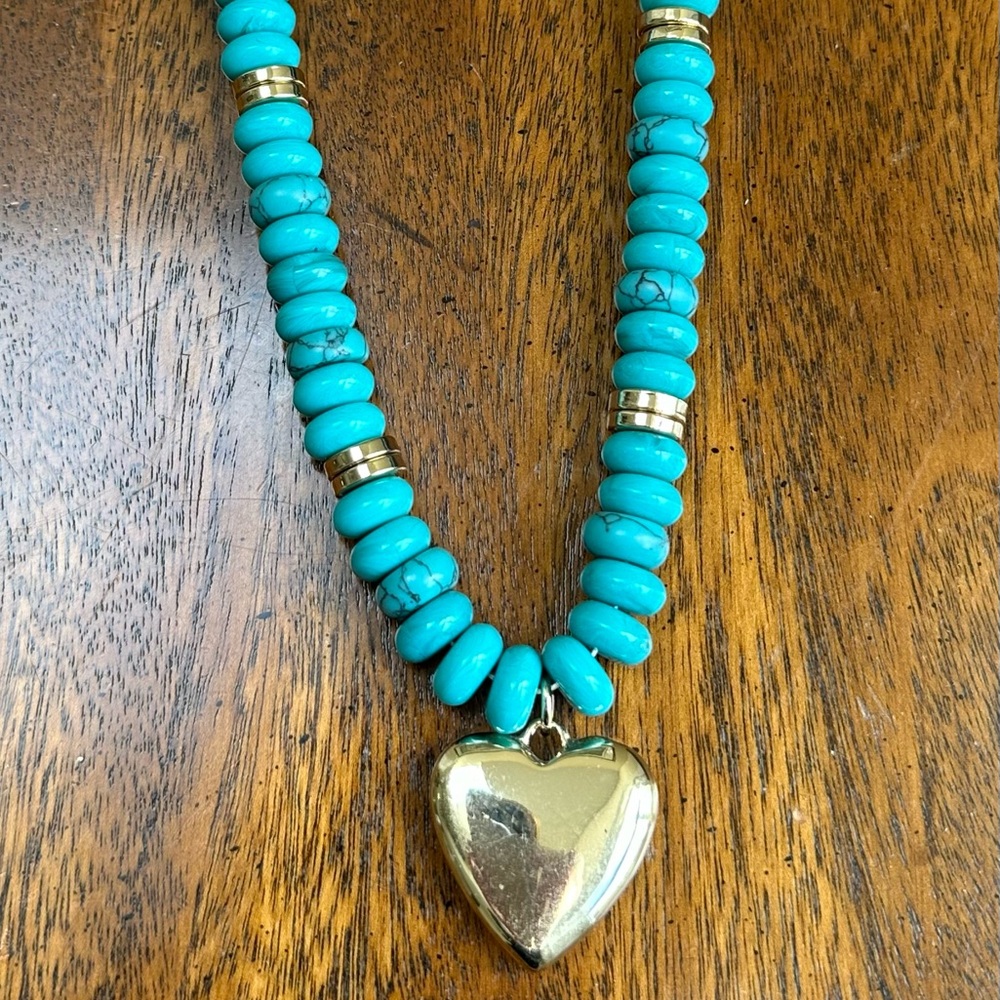 J.Crew Turquoise Beaded Necklace with Gold Heart Pendant